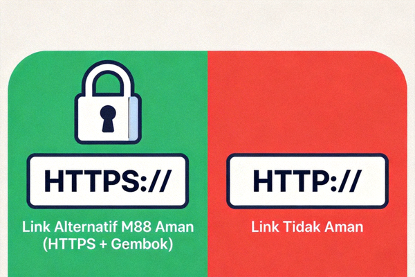 Ilustrasi visual perbandingan antara link alternatif M88 yang aman dengan ciri HTTPS dan gembok, versus link tidak aman